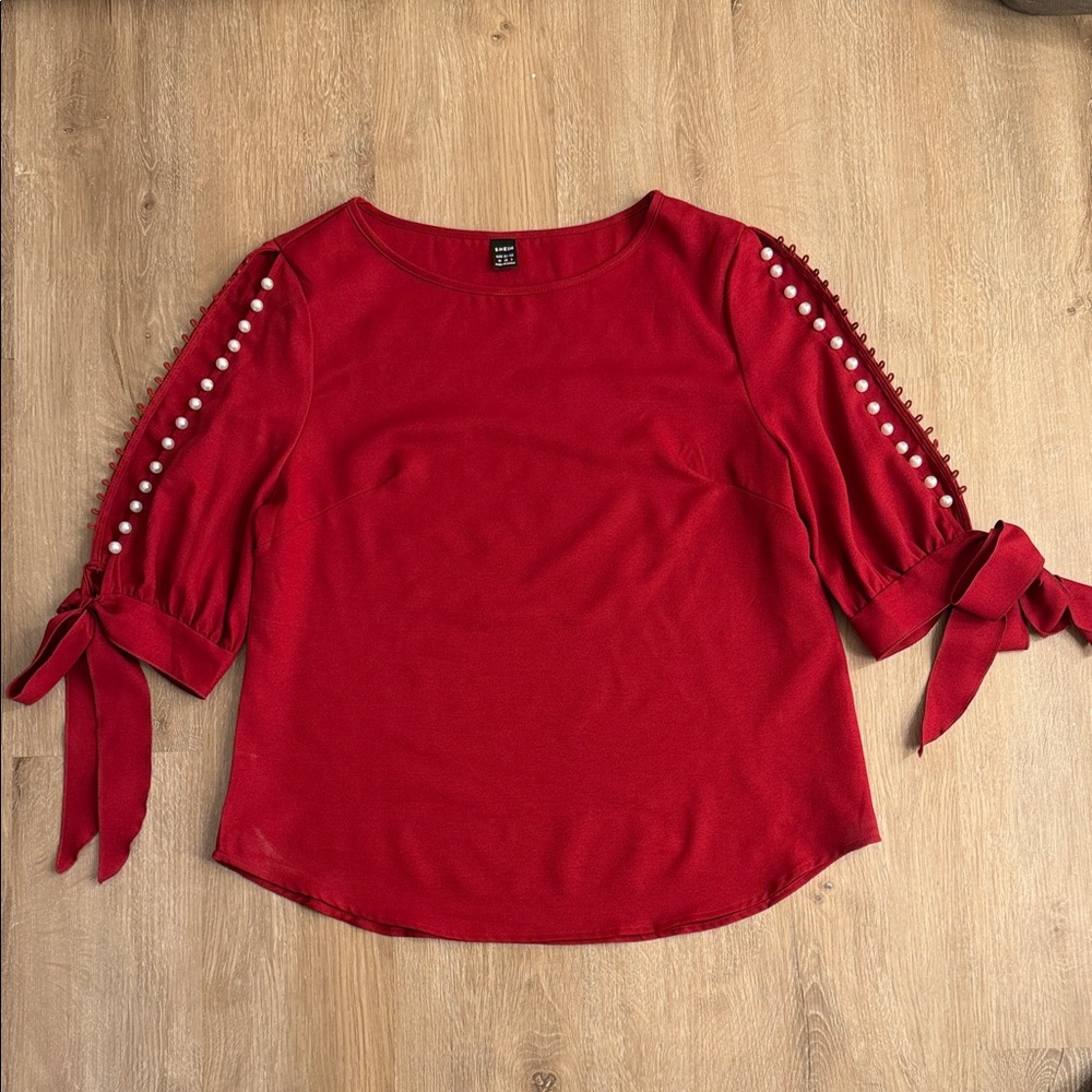 SHEIN Red Pearl-Accent Tie-Sleeve Women’s Top